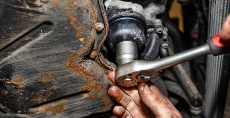 Ratchet being used under a car during MOT preparation Nottingham.